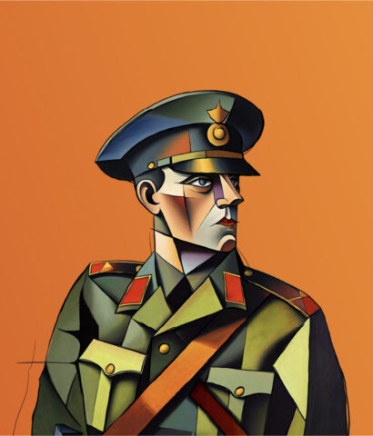 Ilustración cubista de soldado para La forza del destino de Verdi en ABAO Bilbao Opera